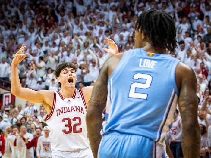 Indiana's Trey Galloway (32) celebrates his dunk during the Indiana versus North Carolina men's basketball game.