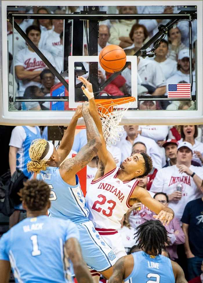 Indiana's Trayce Jackson-Davis defends North Carolina's Armando Bacot (5) during the Indiana versus North Carolina men's basketball game.