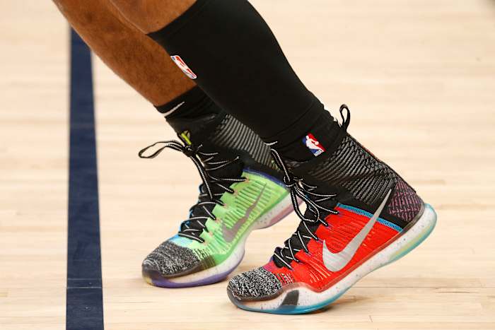 View of multi-color Nike Kobe shoes.
