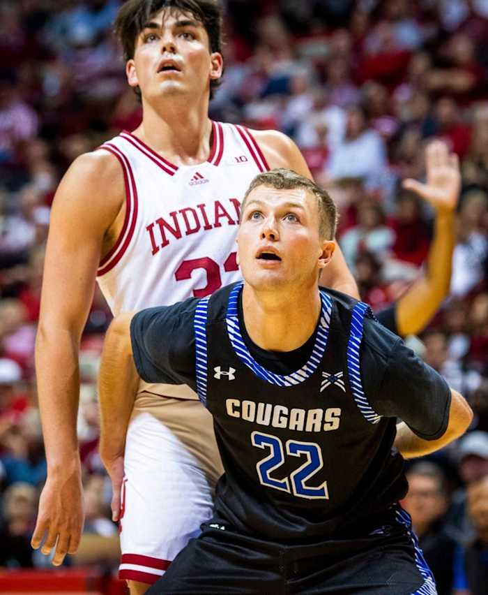 St. Francis' Brayton Bailey (22) blocks out Indiana's Trey Galloway (32) during the Indiana versus St. Francis men's basketball game at Simon Skjodt Assembly Hall on Thursday, Nov. 3, 2022.