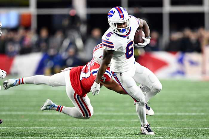 Dec 1, 2022; Foxborough, Massachusetts, USA; Buffalo Bills wide receiver Isaiah McKenzie (6) rushes past New England Patriots cornerback Myles Bryant (27) during the first half at Gillette Stadium.