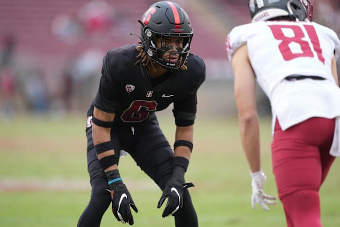 Stanford Cardinal cornerback Nicolas Toomer (6) lines up against Washington State Cougars wide receiver Tre Horner (81) during the fourth quarter at Stanford Stadium.