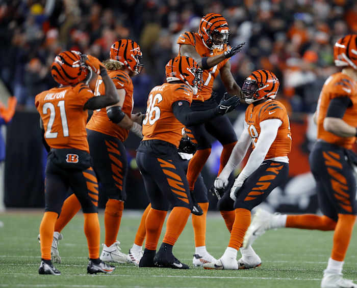 Dec 4, 2022; Cincinnati, Ohio, USA; Cincinnati Bengals defensive end Joseph Ossai (58) celebrates a missed field goal during the fourth quarter against the Kansas City Chiefs at Paycor Stadium. Mandatory Credit: Joseph Maiorana-USA TODAY Sports