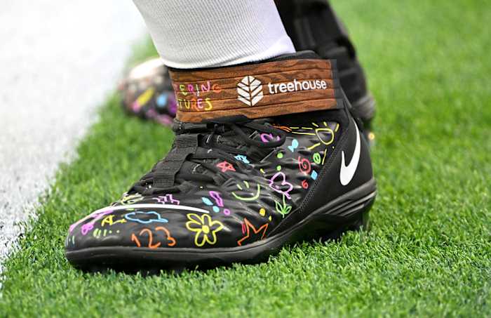 View of black and brown cleats.