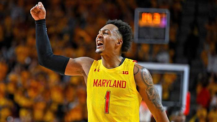Maryland’s Jahmir Young reacts to a made three-pointer