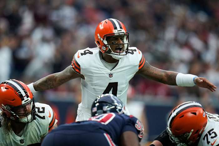 Cleveland Browns quarterback Deshaun Watson (4) calls a play at the line during the first half of an NFL football game between the Cleveland Browns and Houston Texans in Houston, Sunday, Dec. 4, 2022.