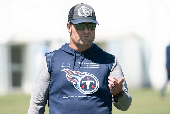 Tennessee Titans general manager Jon Robinson watches practice at Ascension Saint Thomas Sports Park Thursday, Sept. 8, 2022, in Nashville, Tenn.