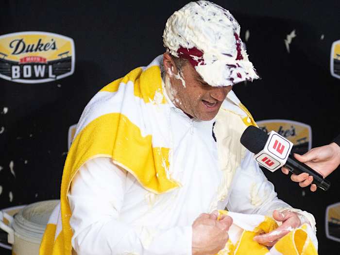 South Carolina’s Shane Beamer speaks after having mayo dumped on his head