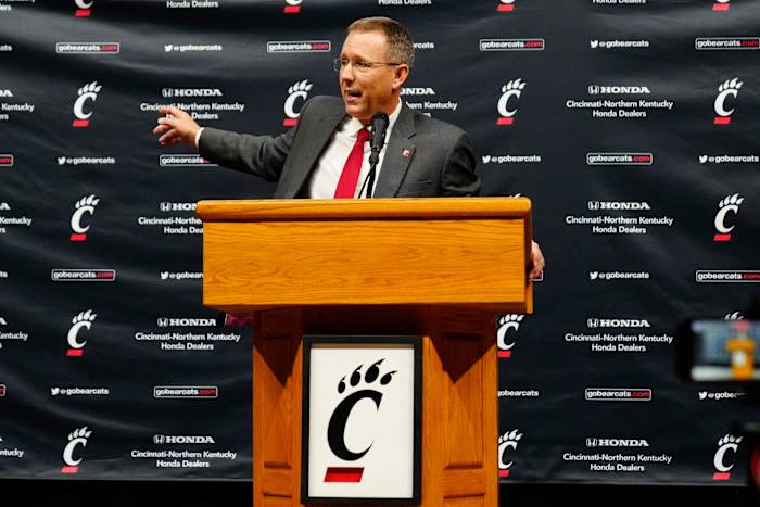 New University of Cincinnati head football coach Scott Satterfield speaks during a press conference at the University of Cincinnati s Fifth Third Arena in Cincinnati on Monday, Dec. 5, 2022. Satterfield holds a 76-48 record as a head coach at the University of Louisville and Appalachian State. Bearcats Football Scott Satterfield