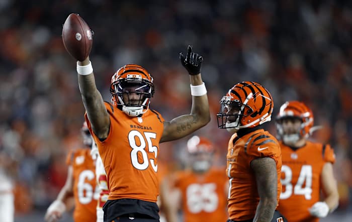Dec 4, 2022; Cincinnati, Ohio, USA; Cincinnati Bengals wide receiver Tee Higgins (85) celebrates a game clinching first down during the fourth quarter against the Kansas City Chiefs at Paycor Stadium. Mandatory Credit: Joseph Maiorana-USA TODAY Sports