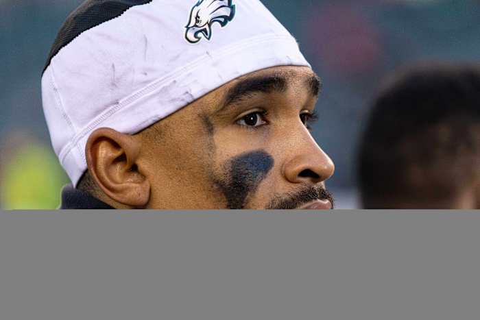 Philadelphia Eagles quarterback Jalen Hurts (1) on the field after a victory against the Tennessee Titans at Lincoln Financial Field.