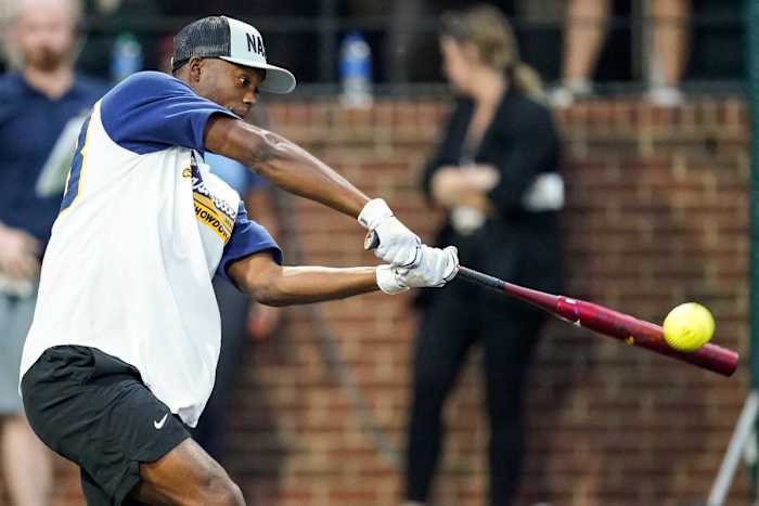Vanderbilt s Enrique Bradfield Jr. hits the ball during the Smashville Showdown home run derby at Hawkins Field in Nashville, Tenn., Monday, Sept. 19, 2022. Vandypredshrd 091922 An 032