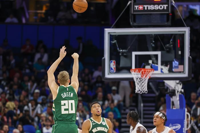 Milwaukee Bucks guard AJ Green (20) shoots a three point basket