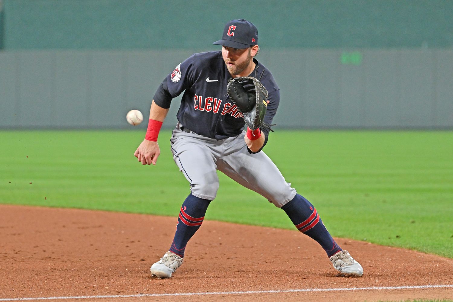 Sep 7, 2022; Kansas City, Missouri, USA; Cleveland Guardians first baseman Owen Miller (6) fields a ground ball during the fifth inning against the Kansas City Royals at Kauffman Stadium. Mandatory Credit: Peter Aiken-USA TODAY Sports