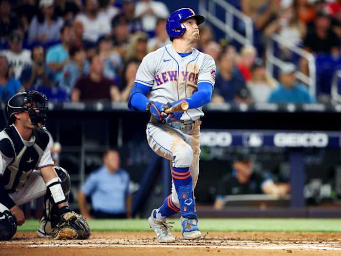 Mets center fielder Brandon Nimmo (9) reacts after hitting a three-run home run.