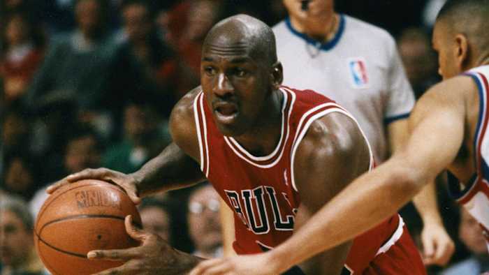 February 15, 1996; Chicago Bulls guard Michael Jordan drives the ball vs.Detroit Pistons