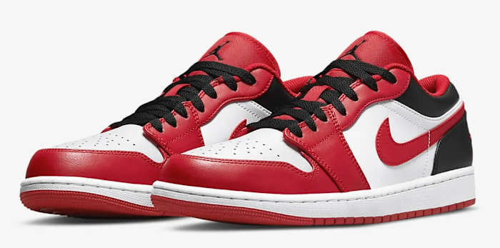 View red, black, and white Jordan shoes.