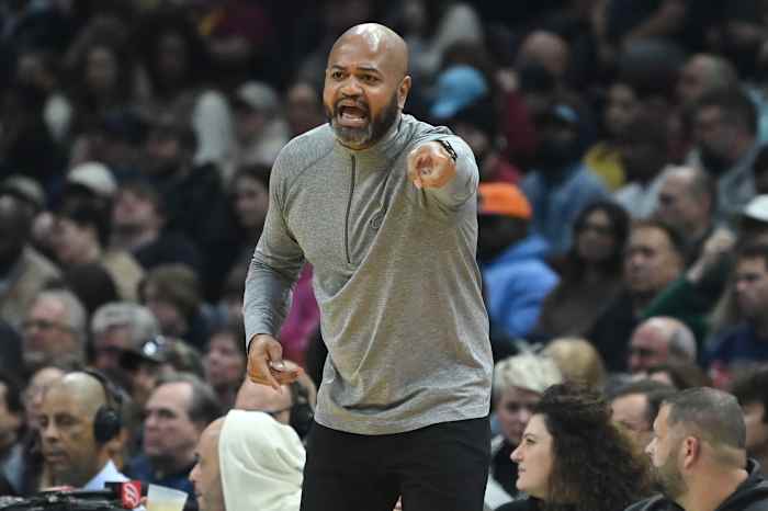 Dec 10, 2022; Cleveland, Ohio, USA; Cleveland Cavaliers head coach J.B. Bickerstaff reacts during the first half against the Oklahoma City Thunder at Rocket Mortgage FieldHouse. Mandatory Credit: Ken Blaze-USA TODAY Sports