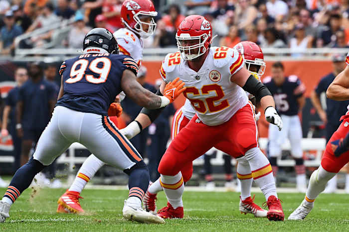 Aug 13, 2022; Chicago, Illinois, USA; Kansas City Chiefs offensive lineman Joe Thuney (62) blocks against the Chicago Bears at Soldier Field. Chicago defeated Kansas City 19-14. Mandatory Credit: Jamie Sabau-USA TODAY Sports