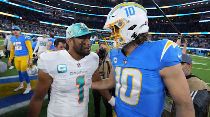 Miami Dolphins quarterback Tua Tagovailoa and Los Angeles Chargers quarterback Justin Herbert