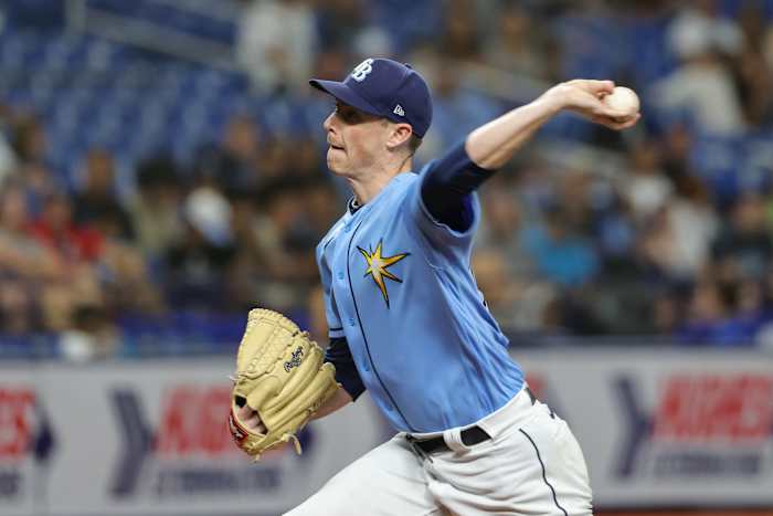Sep 17, 2022; St. Petersburg, Florida, USA; Tampa Bay Rays starting pitcher Ryan Yarbrough (48) throws a pitch during the third inning against the Texas Rangers at Tropicana Field. Mandatory Credit: Mike Watters-USA TODAY Sports