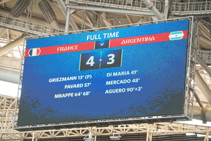 A photo of the scoreboard after France's 4-3 win over Argentina in 2018