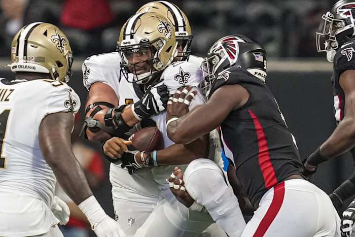 Sep 11, 2022; New Orleans Saints quarterback Jameis Winston (2) is sacked by Atlanta Falcons linebacker Lorenzo Carter (9). Mandatory Credit: Dale Zanine-USA TODAY Sports