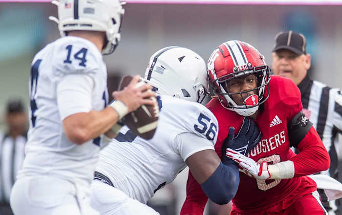 Indiana's Dasan McCullough (0) pressures Penn State's Sean Clifford (14) at Memorial Stadium in November. (USA TODAY Sports)