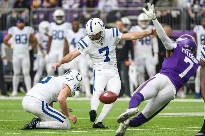 Dec 17, 2022; Minneapolis, Minnesota, USA; Indianapolis Colts place kicker Chase McLaughlin (7) kicks a field goal against the Minnesota Vikings during the first quarter at U.S. Bank Stadium. Mandatory Credit: Matt Krohn-USA TODAY Sports