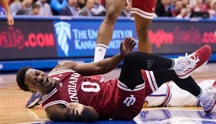 Indiana point guard Xavier Johnson went down with a foot injury in the first half. (USA TODAY Sports)