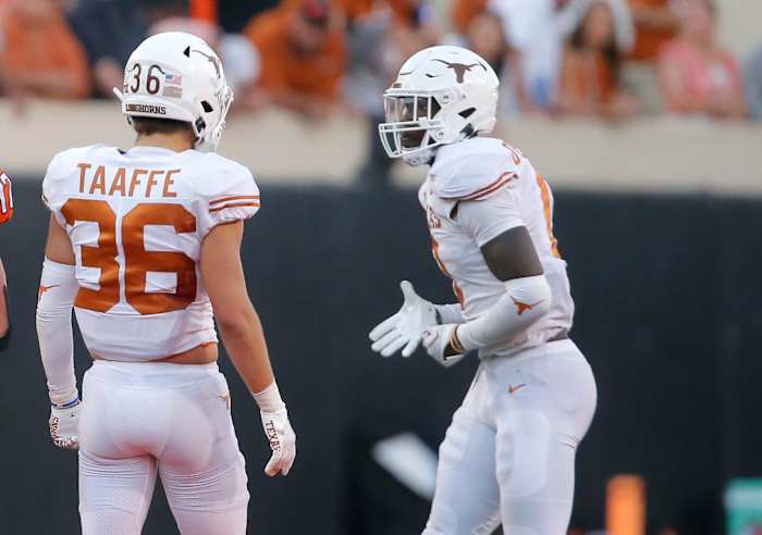 Texas Longhorns Safety Michael Taaffe looks on during a game against Oklahoma State