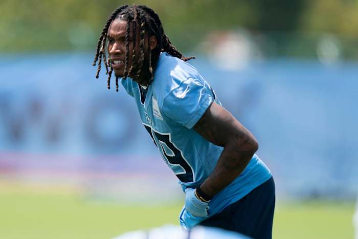 Tennessee Titans cornerback Lonnie Johnson Jr. (39) warms up during a training camp practice at Ascension Saint Thomas Sports Park Monday, Aug. 22, 2022, in Nashville, Tenn.