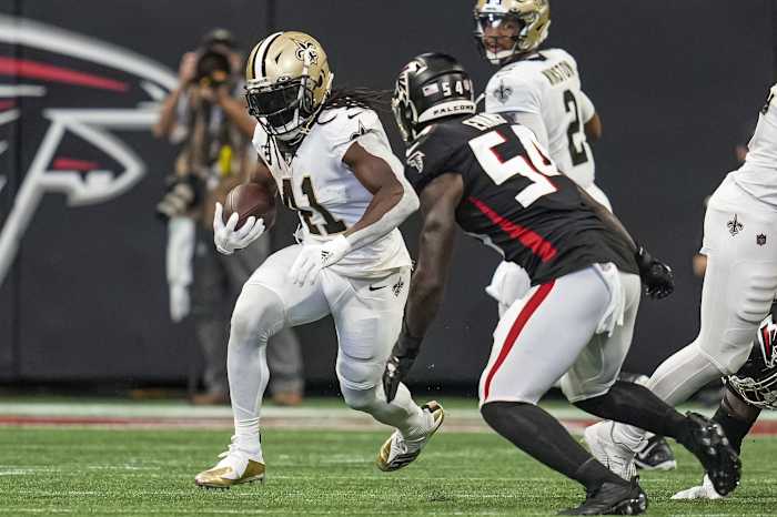 New Orleans Saints running back Alvin Kamara (41) runs against Atlanta Falcons linebacker Rashaan Evans (54). Mandatory Credit: Dale Zanine-USA TODAY Sports
