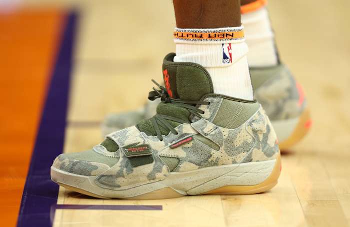 View of camo Zion shoes.