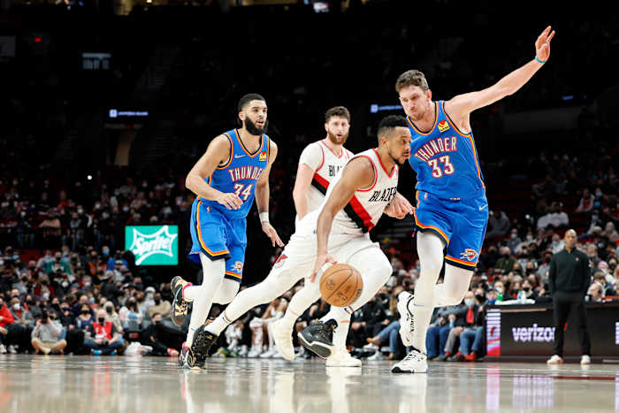 CJ McCollum, Mike Muscala, Kenrich Williams, Portland Trail Blazers