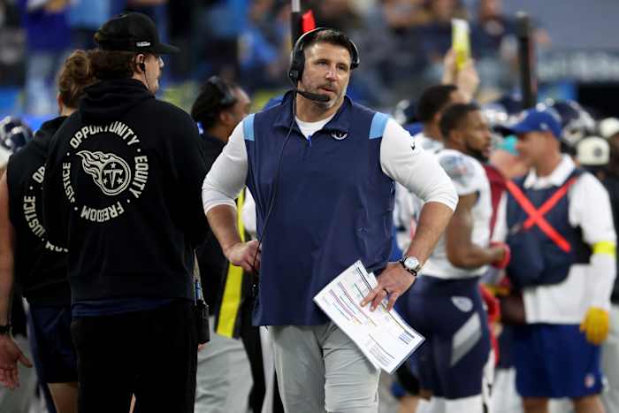 Tennessee Titans head coach Mike Vrabel stands on the side line during the fourth quarter against the Los Angeles Chargers at SoFi Stadium.