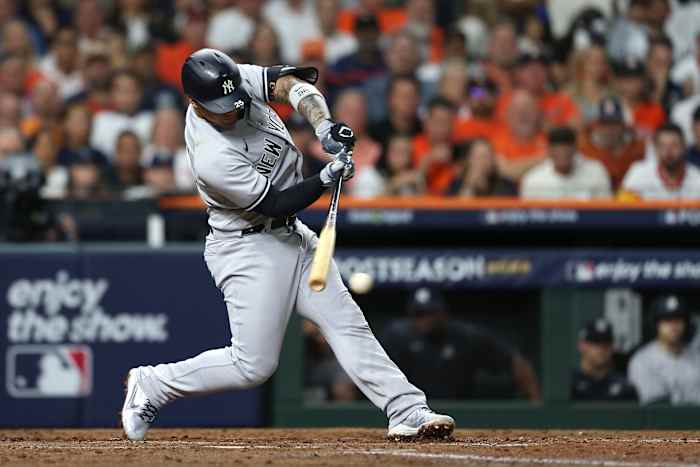 New York Yankees second baseman Gleyber Torres swings at a ball