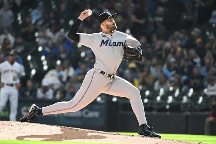 Miami Marlins starting pitcher Pablo Lopez throws with a ball in his hand