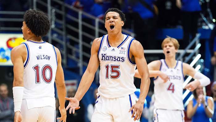Kansas’s Kevin McCullar Jr. yells in celebration
