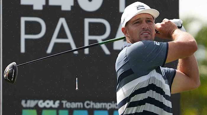 Bryson DeChambeau tees off at the 2022 LIV Golf Team Championship in Miami.