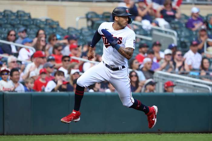 Twins shortstop Carlos Correa runs home to score against the Los Angeles Angels. (2022)