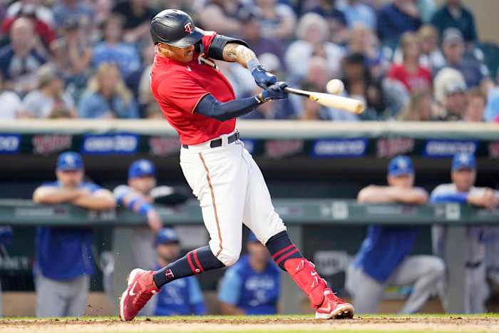 Former Twins Carlos Correa hits an RBI double during the third inning of a baseball game against the Royals on Tuesday, Sept. 13, 2022, in Minneapolis.