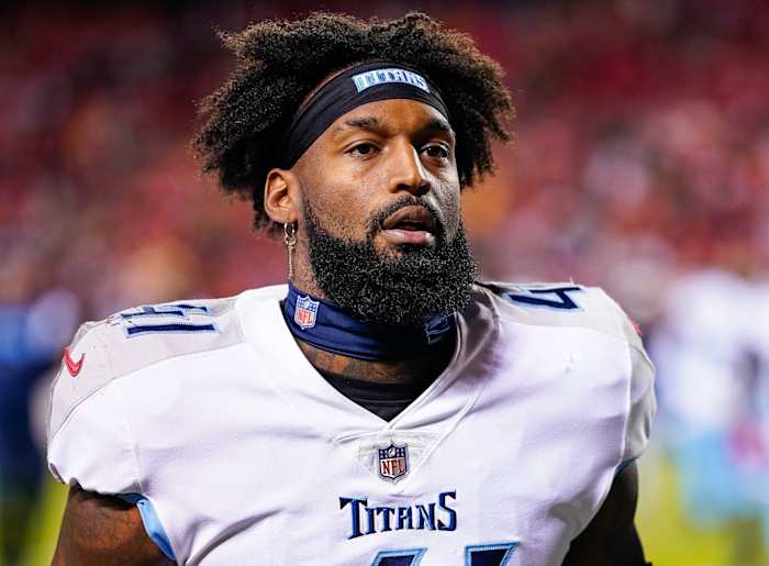 Tennessee Titans linebacker Zach Cunningham (41) heads to the locker room prior to a game against the Kansas City Chiefs at Arrowhead Stadium.