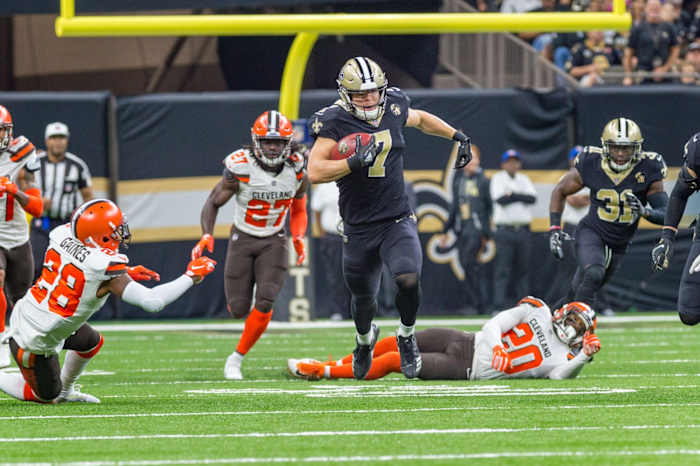 September 16, 2018; Taysom Hill runs the ball against the Cleveland Browns. Credit: © SCOTT CLAUSE/THE ADVERTISER