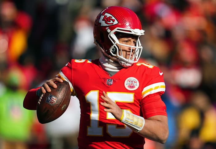 Dec 24, 2022; Kansas City, Missouri, USA; Kansas City Chiefs quarterback Patrick Mahomes (15) throws a pass during the first half against the Seattle Seahawks at GEHA Field at Arrowhead Stadium. Mandatory Credit: Jay Biggerstaff-USA TODAY Sports