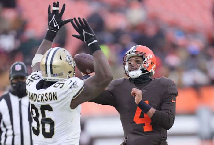 Saints DE Carl Granderson (96) applies pressure to Browns QB Deshaun Watson (4). Credit: Cleveland.com