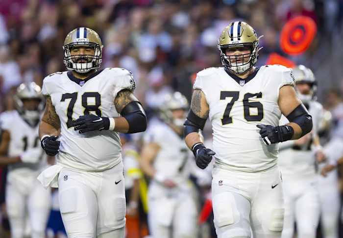 New Orleans Saints center Erik McCoy (78) and guard Calvin Throckmorton (76). Mandatory Credit: Mark J. Rebilas-USA TODAY Sports