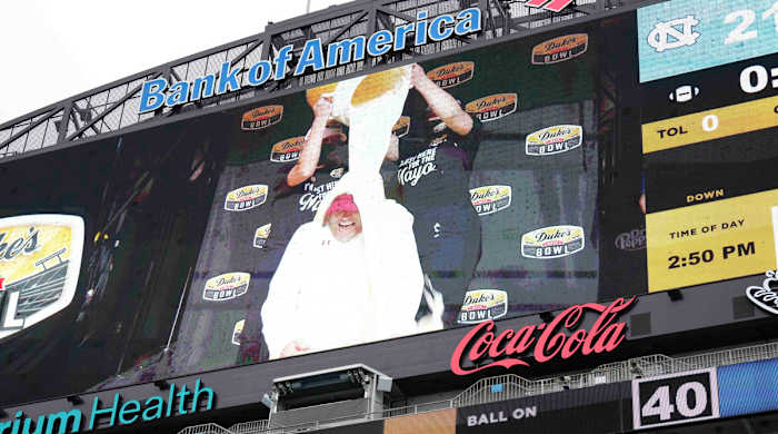 South Carolina Gamecocks head coach Shane Beamer’s mayo dump is shown on the big screen jumbotron