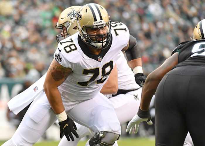 Nov 21, 2021; New Orleans Saints center Erik McCoy (78) blocks against the Philadelphia Eagles. Mandatory Credit: Eric Hartline-USA TODAY Sports