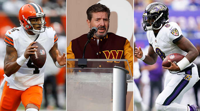 Separate photos of Deshaun Watson, Dan Snyder and Lamar Jackson